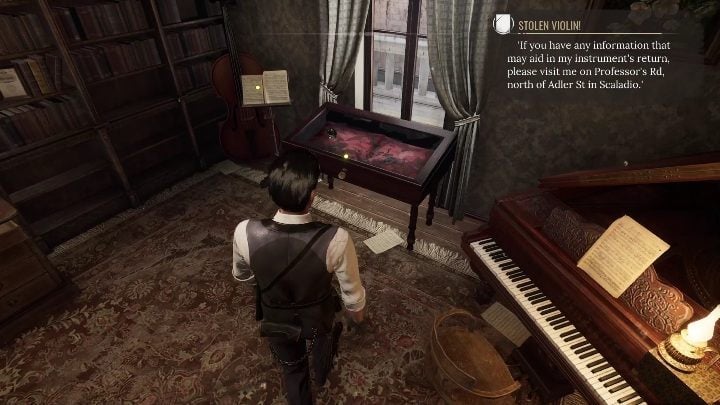 A very important element, without which you will not be able to push the story forward, is to examine the showcase in which the violin was - Sherlock Holmes Chapter One: String Theory - walkthrough, Other Cases - Other matters - Sherlock Holmes Chapter One Guide