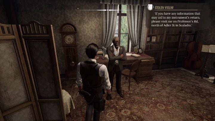 After examining all the things in the apartment, go back to the man and ask him everything you can - Sherlock Holmes Chapter One: String Theory - walkthrough, Other Cases - Other matters - Sherlock Holmes Chapter One Guide