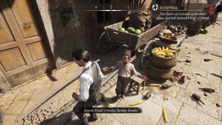 The tracks end next to a boy selling fruit - Sherlock Holmes Chapter One: String Theory - walkthrough, Other Cases - Other matters - Sherlock Holmes Chapter One Guide