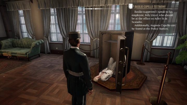As soon as you walk up the stairs, you'll see a body protruding out of the safe - Sherlock Holmes Chapter One: Iron Coffin - walkthrough, Other Cases - Other matters - Sherlock Holmes Chapter One Guide