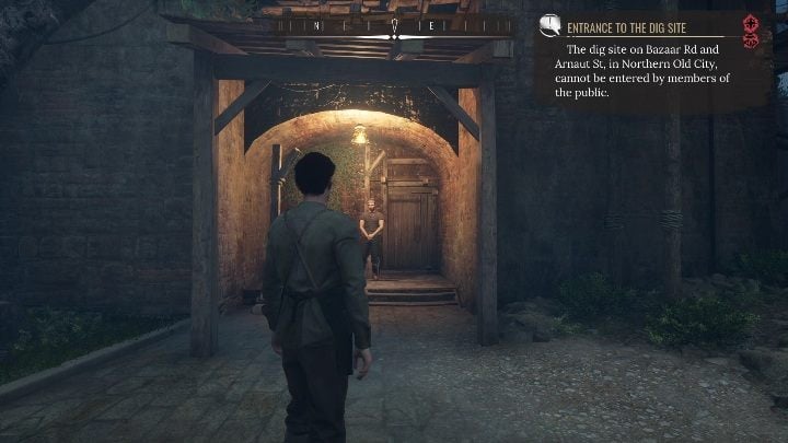 There's a man in front of the entrance - Sherlock Holmes Chapter One: Gilded Cage, excavations - walkthrough - A Gilded Cage - Sherlock Holmes Chapter One Guide