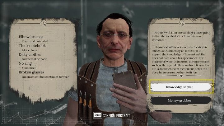 You should assess the man as a "Knowledge seeker" - Sherlock Holmes Chapter One: Gilded Cage, excavations - walkthrough - A Gilded Cage - Sherlock Holmes Chapter One Guide