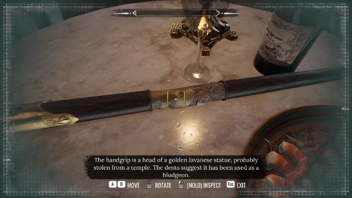 A wooden, decorated cane is on your table - Sherlock Holmes Chapter One: A Mothers Love, hotel - walkthrough - Motherly love (beginning) - Sherlock Holmes Chapter One Guide