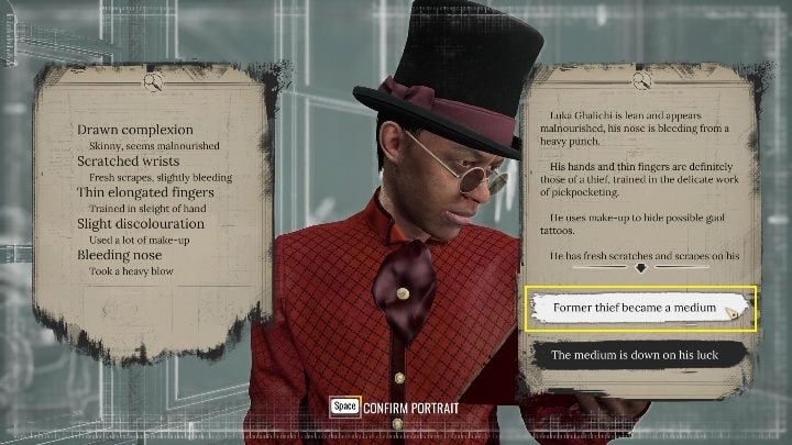 To correctly solve the puzzle, after watching the medium, select the first option which says that Luka was previously a criminal (marked on the screenshot above) - Sherlock Holmes Chapter One: Ghosts of the Past, murder case - walkthrough - Ghosts of the past - Sherlock Holmes Chapter One Guide