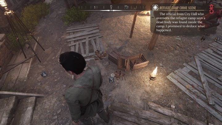 By the number 3, examine the cracked boards and the bloodstain on the ground - Sherlock Holmes Chapter One: The Muse from Abroad, Refugee camp - walkthrough - The Muse From Abroad - Sherlock Holmes Chapter One Guide