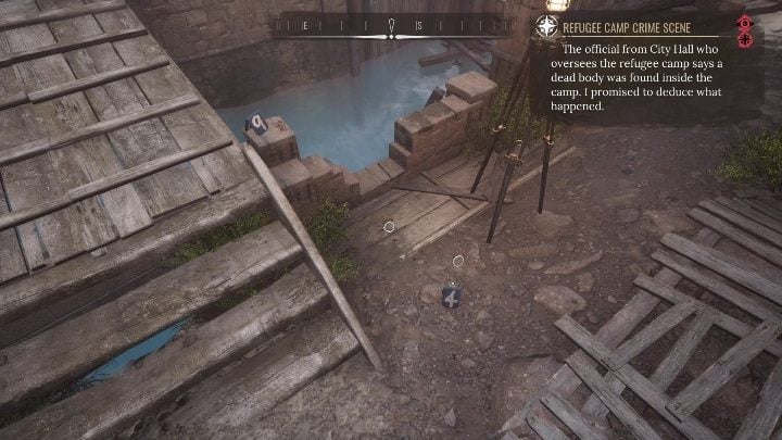 Number 4 is placed next to the bootprints of two people who fought each other - Sherlock Holmes Chapter One: The Muse from Abroad, Refugee camp - walkthrough - The Muse From Abroad - Sherlock Holmes Chapter One Guide