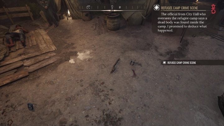 Number 6 these are more boot prints and a wooden stick that could be used to defend/attack someone - Sherlock Holmes Chapter One: The Muse from Abroad, Refugee camp - walkthrough - The Muse From Abroad - Sherlock Holmes Chapter One Guide