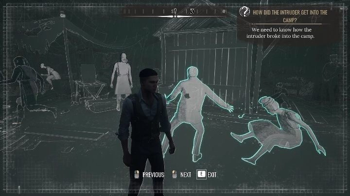 Next to the wooden building, place two figures: a woman who falls on the ground and a man holding a dagger in his left hand and beads in his right hand - Sherlock Holmes Chapter One: The Muse from Abroad, Refugee camp - walkthrough - The Muse From Abroad - Sherlock Holmes Chapter One Guide