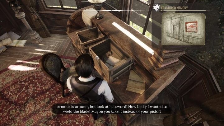 You'll find the first desk on the right side of the room, right by the window - Sherlock Holmes Chapter One: A Mothers Love, cabinet of curiosities - walkthrough - Motherly love #4 - Sherlock Holmes Chapter One Guide