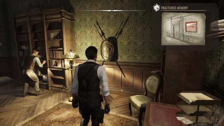There's a shield and two spears on the wall between the shelves - Sherlock Holmes Chapter One: A Mothers Love, cabinet of curiosities - walkthrough - Motherly love #4 - Sherlock Holmes Chapter One Guide