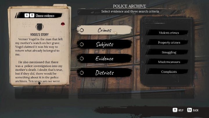When you get to the archive, you will have to choose the right topics to get information - Sherlock Holmes Chapter One: The Master of Disguise - walkthrough - Police cases - Sherlock Holmes Chapter One Guide