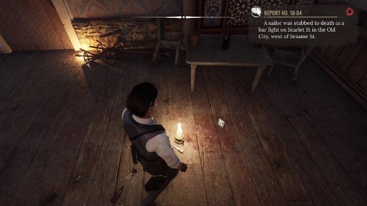 Evidence 5: A blood trail that is indicated by a blue dot with the number 5 - Sherlock Holmes Chapter One: The Collie Shangles - walkthrough - Police cases - Sherlock Holmes Chapter One Guide