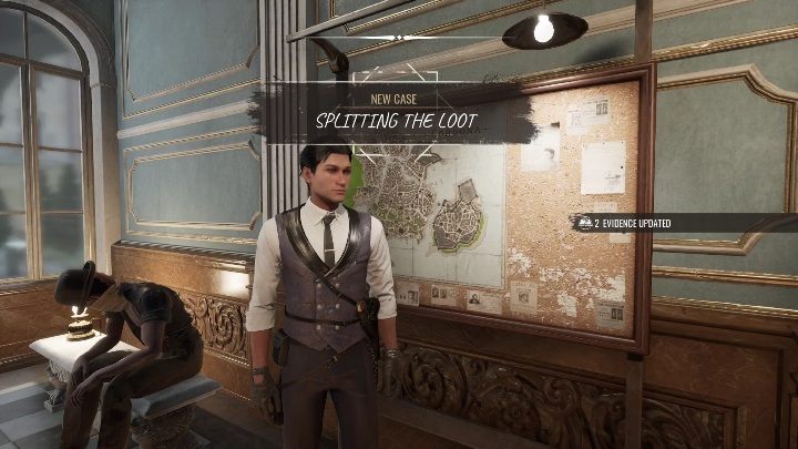 To start Splitting the Loot, you have to interact with the board at the police station - Sherlock Holmes Chapter One: Splitting the Loot - walkthrough - Police cases - Sherlock Holmes Chapter One Guide