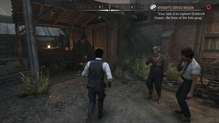 There are a few men standing in front of the warehouse, but they won't stop you from getting inside - Sherlock Holmes Chapter One: Eel Hunting Mycrofts Case - walkthrough, solution - Mycroft Cases - Sherlock Holmes Chapter One Guide