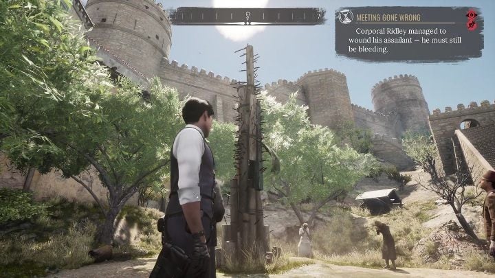 The rope ends near a pillar with knives - Sherlock Holmes Chapter One: Love, Death, and Cordona - walkthrough, solution - Mycroft Cases - Sherlock Holmes Chapter One Guide