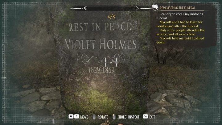 There are several elements that you need to look at - Sherlock Holmes Chapter One: A Mothers Love, cemetery - walkthrough - Motherly love - Sherlock Holmes Chapter One Guide