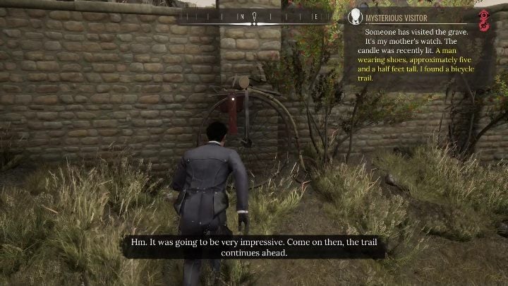 In front of the fence, right next to the white wall, there are bike tracks - Sherlock Holmes Chapter One: A Mothers Love, cemetery - walkthrough - Motherly love - Sherlock Holmes Chapter One Guide