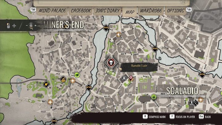 Location: Scaladio, west of the police station - Sherlock Holmes Chapter One: Bandit Lairs - list of all - Secrets & Collectibles - Sherlock Holmes Chapter One Guide