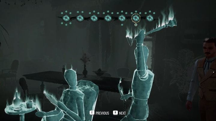 At the fireplace in the living room set the scene with a person holding a sword and a candlestick - Sherlock Holmes The Awakened: Arnesons Mansion - Sherlock Holmes The Awakened: Chapter 5 - Arnesons Mansion - Sherlock Holmes The Awakened Walkthrough