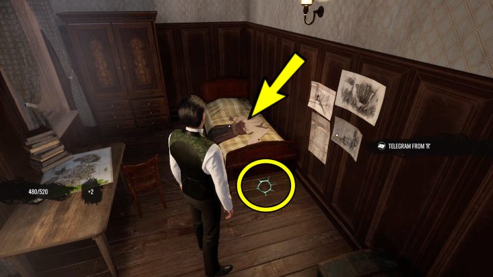 In Concentration Mode, examine the clothes on the bed and the scratches on the floor - Sherlock Holmes The Awakened: Arnesons Mansion - Sherlock Holmes The Awakened: Chapter 5 - Arnesons Mansion - Sherlock Holmes The Awakened Walkthrough