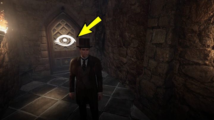 When you notice the eye on the door through which you have just passed, enter the concentration mode - Sherlock Holmes The Awakened: Visions of Sherlock Holmes, warehouses underground - Sherlock Holmes The Awakened: Chapter 2 - Port of London - Sherlock Holmes The Awakened Walkthrough