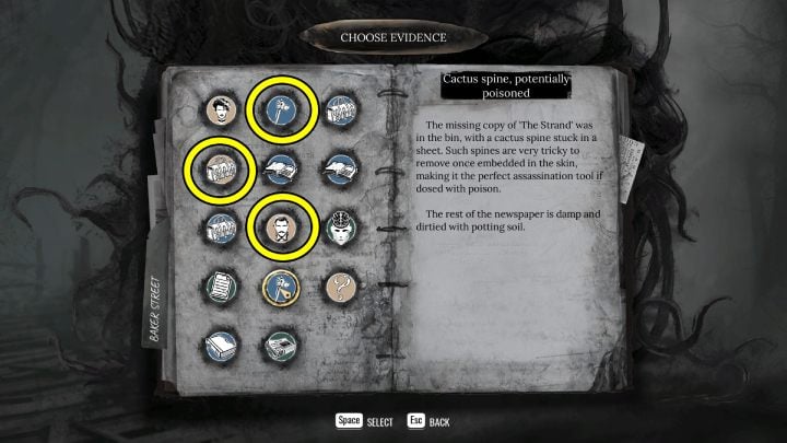 Select the Provide Evidence option and check - Sherlock Holmes The Awakened: Chapter 1, Barnes Bookshop - Sherlock Holmes The Awakened: Chapter 1 - Baker Street - Sherlock Holmes The Awakened Walkthrough