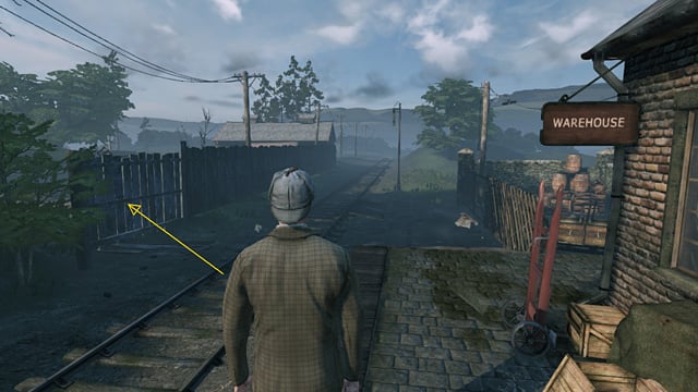 Leave the building and head right, along the rails - Sherlock Holmes Crimes and Punishments: Examine the side railway branch at Evesham - Sherlock Holmes Crimes and Punishments: Riddle On The Rails - Sherlock Holmes: Crimes and Punishments Game Guide