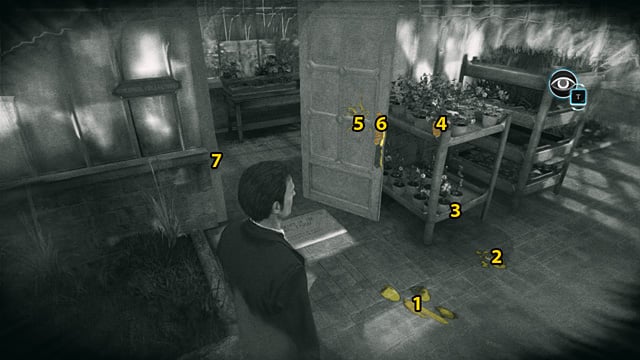 1 - Footprints, 2 - Broken pot, 3 - Dirt, 4 - Broken pot, 5 - Damaged panel, 6 - Handle, 7 - Broken esconson. - Sherlock Holmes Crimes and Punishments: Examine the place where Montague Dunne met his death - Sherlock Holmes Crimes and Punishments: The Kew Gardens Drama - Sherlock Holmes: Crimes and Punishments Game Guide
