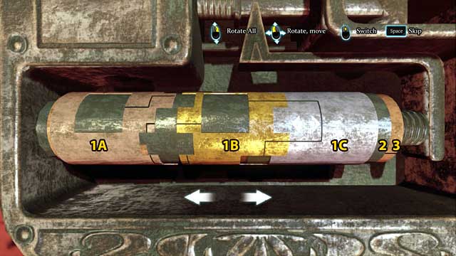 Match the lines on the right short cylinder (1C) to the ones on the central short cylinder (1B) and join the cylinders by moving the right one (1C) to the left - Sherlock Holmes Crimes and Punishments: Find out what the divine syndicate is concealing - Sherlock Holmes Crimes and Punishments: The Kew Gardens Drama - Sherlock Holmes: Crimes and Punishments Game Guide