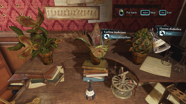 First, pour some alkaloid on Florem diabolica to make it open and put a caterpillar on Carlina Inebriare - Sherlock Holmes Crimes and Punishments: Set up the alkaloid from a chemical laboratory and the caterpillars and perform the experiment with the deadly plants - Sherlock Holmes Crimes and Punishments: The Kew Gardens Drama - Sherlock Holmes: Crimes and Punishments Game Guide