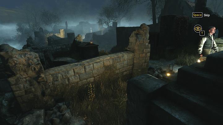 Wait for the man to go towards the wall. Once that happens, go towards the road - Monastery | Walkthrough - Infamy | Walkthrough - Sherlock Holmes: The Devils Daughter Game Walkthrough