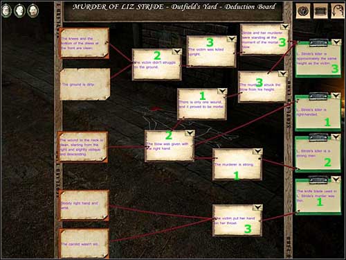 Deduction Board (murder of Liz Stride - Dutfield's Yard) - Dutfield's Yard, night 7/8 October 1888 - Walkthrough - Sherlock Holmes vs. Jack the Ripper - Game Guide and Walkthrough