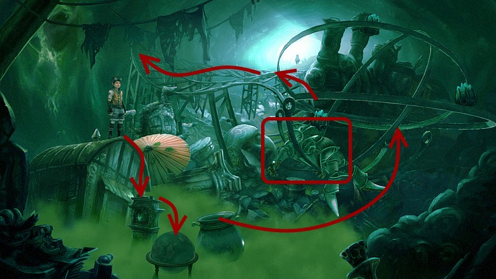 Being outside, jump down from the circus wagon on the clock, and then on the globe - Chapter One | Walkthrough - Walkthrough - Silence: The Whispered World 2 Game Guide