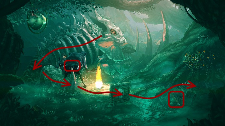 When Seeker will turn and wont be looking at Renie, click part of skeleton on the left (hideout) to let girl to hide behind it - Chapter Two | Walkthrough - Walkthrough - Silence: The Whispered World 2 Game Guide