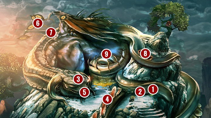 At first eat some of green secretion from the dragons bottom right nostril (1), then as Sticky Spot pull the rock cork from bottom left nostril (2) by moving the cursor to the left - Chapter Two | Walkthrough - Walkthrough - Silence: The Whispered World 2 Game Guide