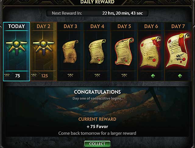 Awards for daily jogging in - Awards for daily logging in (free Favor and Gems) - How to start? - Smite - Game Guide and Walkthrough