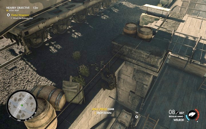 As you walk towards the base, you simply have to jump down the scaffolding. Opponents patrol along lower levels - Blowing up the bridge with the cannon on rails | Mission 3 Regilino Viaduct - Mission 3: Regilino Viaduct - Sniper Elite 4 Game Guide