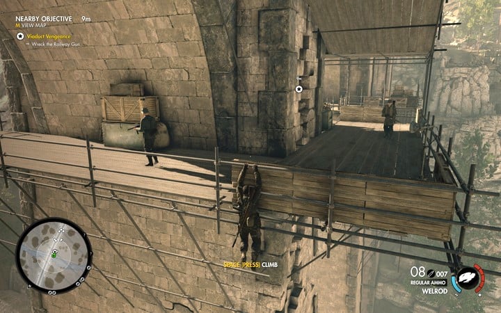 In the spots, where there are planks on wailings, you can hang off them and jump up to kill the enemy from behind - Blowing up the bridge with the cannon on rails | Mission 3 Regilino Viaduct - Mission 3: Regilino Viaduct - Sniper Elite 4 Game Guide