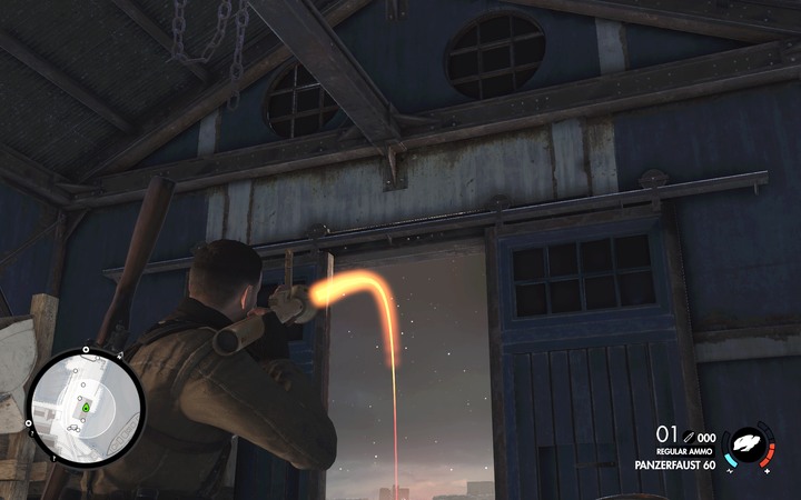 You can directly hit the cannon from the inside of the blue building - The second anti-aircraft cannon / the third floodlight | Mission 4 Lorino - Mission 4: Lorino Dockyard - Sniper Elite 4 Game Guide