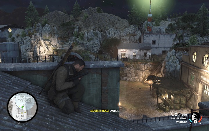 The radio communication building can be seen in the distance - The vaccine and shipments target destination | Mission 4 Lorino Dockyard - Mission 4: Lorino Dockyard - Sniper Elite 4 Game Guide