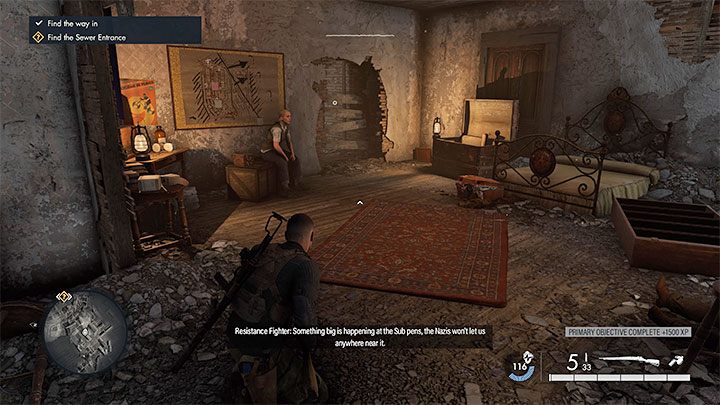 The initial journey through the destroyed city is linear, but ultimately you have to go through a building with a resistance member from whom you will learn about the sewers - Sniper Elite 5: Infiltrating the U-boat base (Mission 8) - walkthrough - Mission 8 - Rubble and ruins - Sniper Elite 5 Guide, Walkthrough