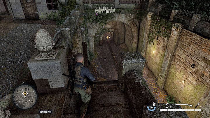Your task is to locate the entrance to the sewers - it is shown in the pictures above and it is in the northern part of the park - Sniper Elite 5: Infiltrating the U-boat base (Mission 8) - walkthrough - Mission 8 - Rubble and ruins - Sniper Elite 5 Guide, Walkthrough