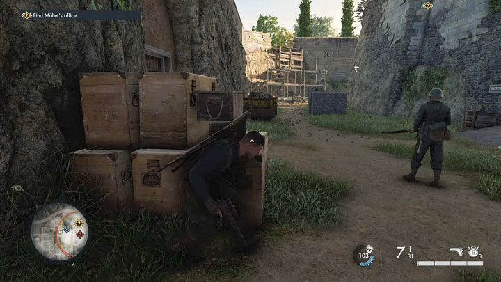 By going through the tunnels, you will reach the moat surrounding the chateau building - Sniper Elite 5: Infiltrating the Chateau and finding Mollers office (mission 2) - walkthrough - Mission 2 - Occupied Residence - Sniper Elite 5 Guide, Walkthrough
