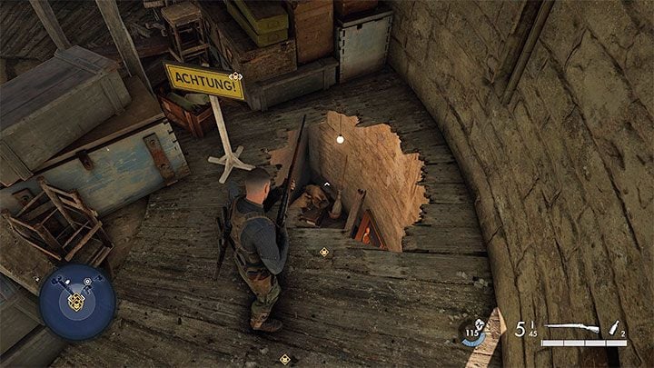 In the attic, look for the hole in the floor shown in the picture above - Sniper Elite 5: Entering the office and finding Mollers secrets (mission 2) - walkthrough - Mission 2 - Occupied Residence - Sniper Elite 5 Guide, Walkthrough