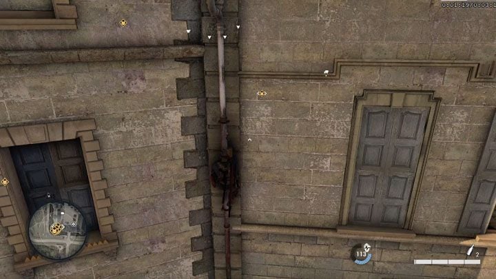 Go through the window and move left on the ledge to reach the gutter - Sniper Elite 5: Entering the office and finding Mollers secrets (mission 2) - walkthrough - Mission 2 - Occupied Residence - Sniper Elite 5 Guide, Walkthrough