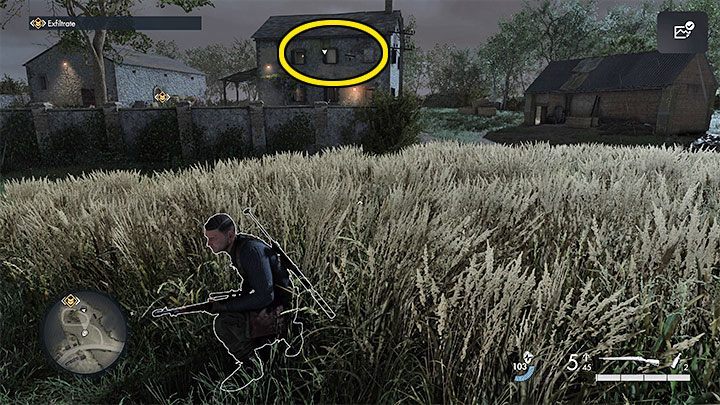 Do not rush to reach your destination, because the building adjacent to the exfiltration one is occupied by an enemy who looks around from the windows on the upper floor (the picture above) - Sniper Elite 5: Meeting with Charlie and evacuating (mission 1) - walkthrough - Mission 1 - Atlantic Wall - Sniper Elite 5 Guide, Walkthrough