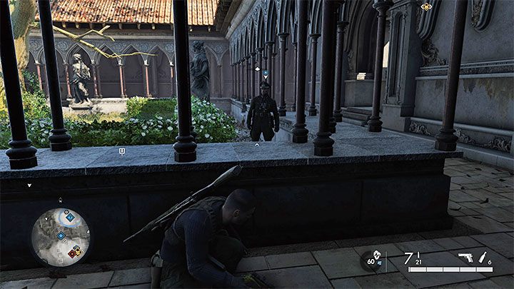 The instructor sticks to the lower floors of the building (the search area is marked by blue) and the easiest way of reaching them is sneaking from the northern gardens - Sniper Elite 5: Stop the Spy Training (Mission 3 side quest) - walkthrough - Mission 3 - Spy Academy - Sniper Elite 5 Guide, Walkthrough