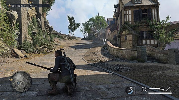 The more obvious option is to take the main road leading up the hill, i - Sniper Elite 5: Eavesdropping on the meeting and getting intel on Kraken (mission 3) - walkthrough - Mission 3 - Spy Academy - Sniper Elite 5 Guide, Walkthrough