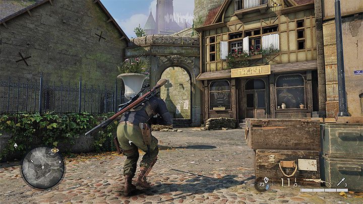 The less obvious variant is to look for the path that begins at the back of the church (the smaller one from the eastern part of the map, the one where you've found Bruhl) - Sniper Elite 5: Eavesdropping on the meeting and getting intel on Kraken (mission 3) - walkthrough - Mission 3 - Spy Academy - Sniper Elite 5 Guide, Walkthrough