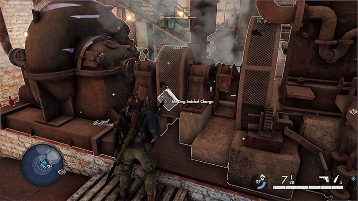 First, get rid of the enemies on the footbridges above and then start exploring the lower level of the building - Sniper Elite 5: Side quests (Mission 4) - walkthrough - Mission 4 - War Factory - Sniper Elite 5 Guide, Walkthrough